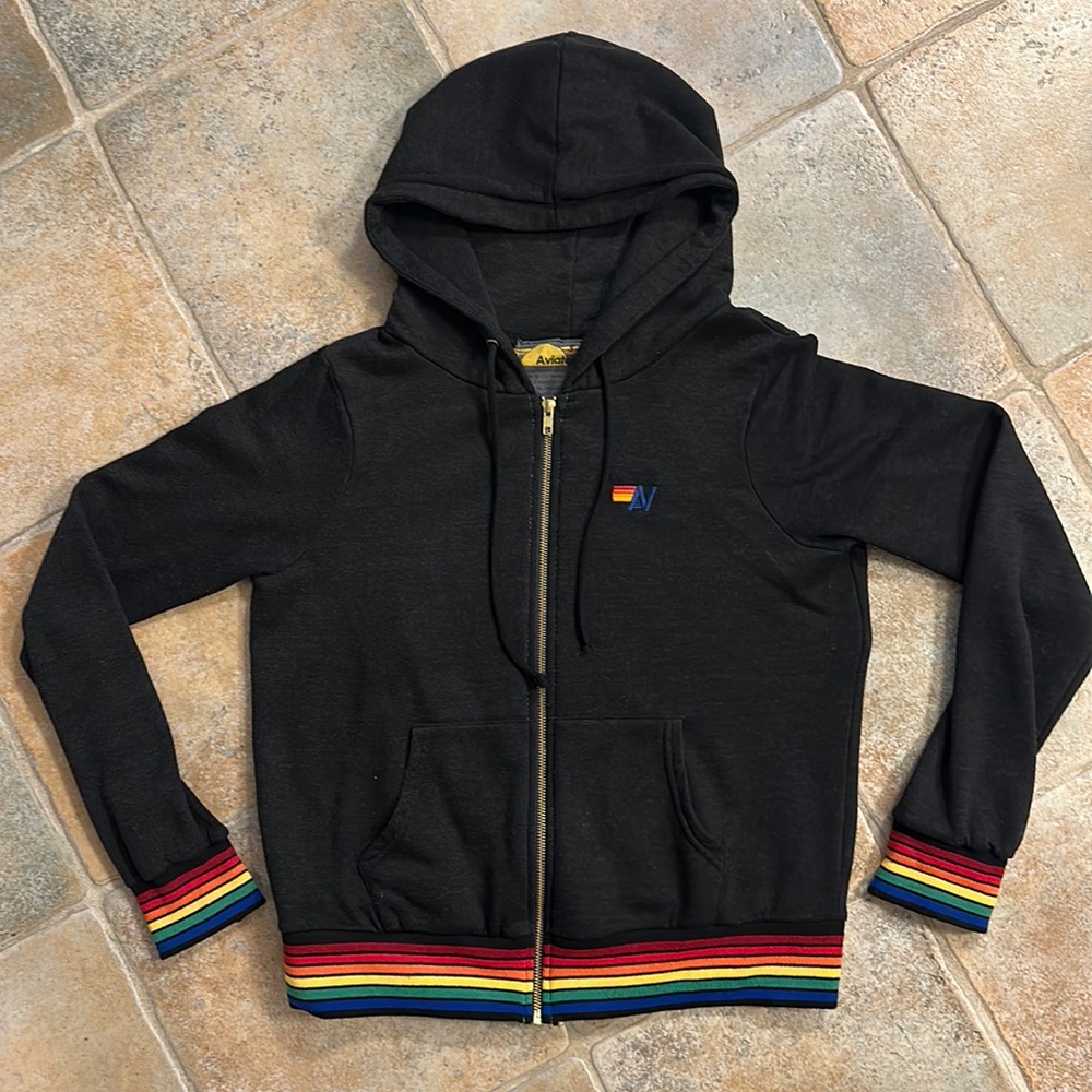 Aviator Nation- Rainbow Ribbed Hoodie- Black- Size Small- UNISEX